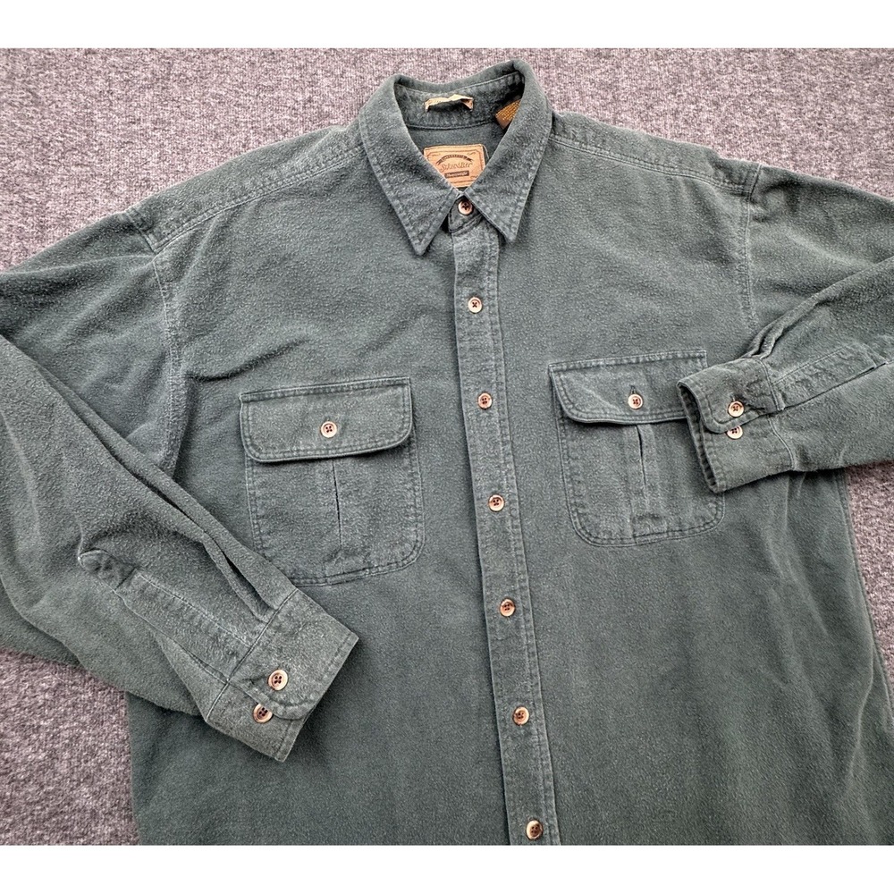 St Johns Bay Shirt Mens Sz L Green Chamois Cloth Flannel Button Up Outdoors